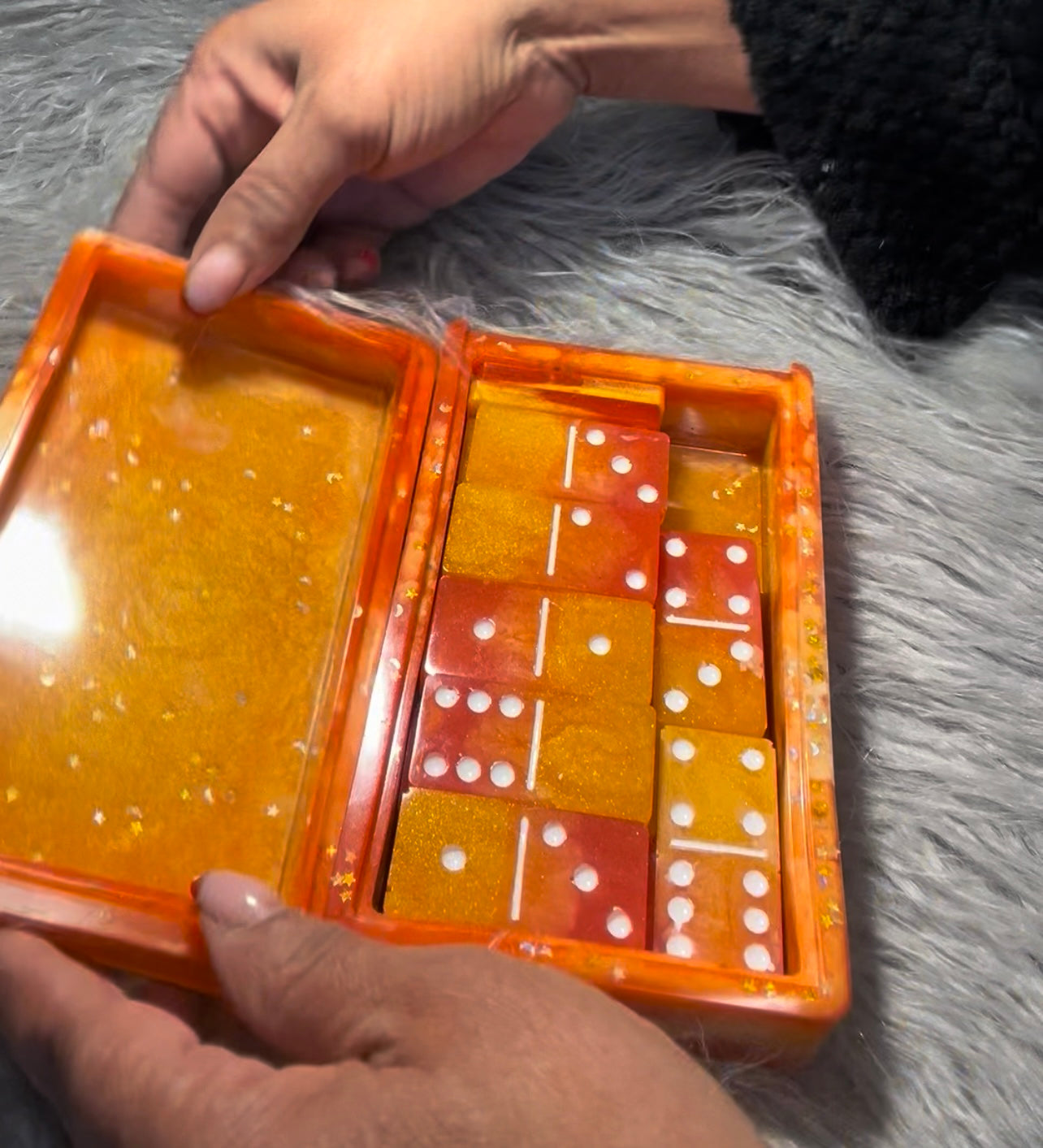Fiery Orange & Golden Glow Resin Storage Box & Domino Set- Small READY TO BUY