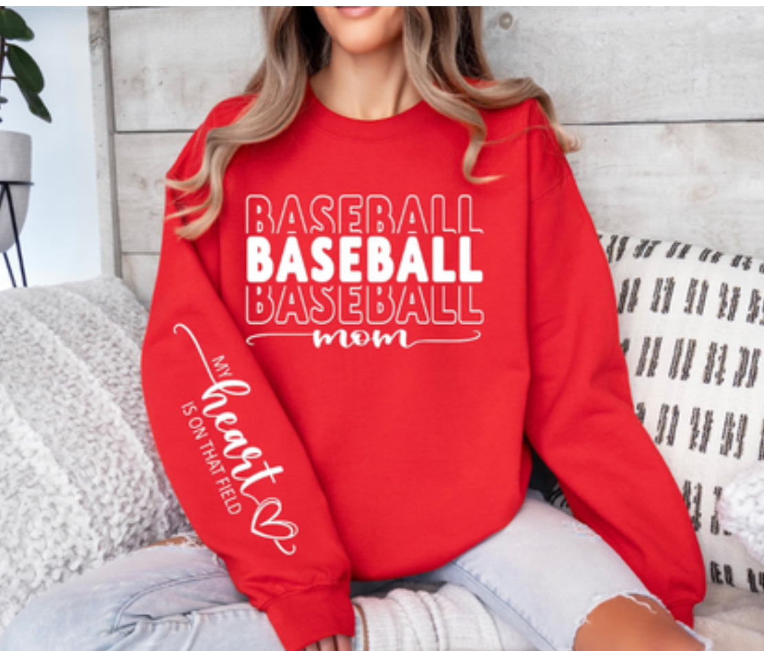 Baseball Mom (long sleeve) -front  arm-My heart is on the field (WHITE PRINT ONLY)