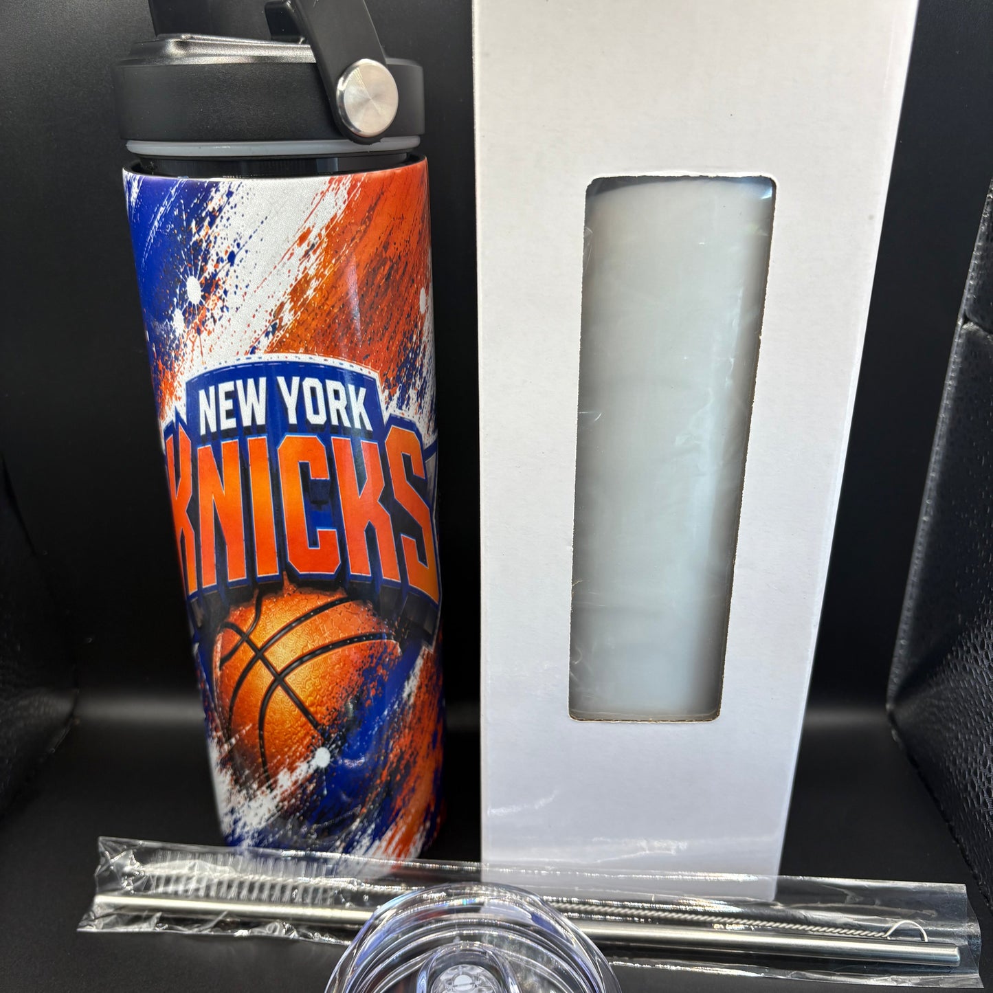 New York Knicks Inspired 20 oz Insulated Stainless Steel Tumbler with Dual Lids & Handle