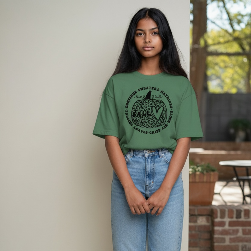 Fall Graphic T-Shirt – Cozy Autumn Vibes Tee - BONFIRES,SWEATERS, HAYRIDES, CRISP, LEAVES, AIR-BOOTS