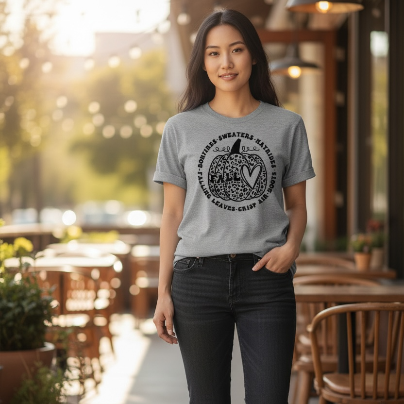 Fall Graphic T-Shirt – Cozy Autumn Vibes Tee - BONFIRES,SWEATERS, HAYRIDES, CRISP, LEAVES, AIR-BOOTS