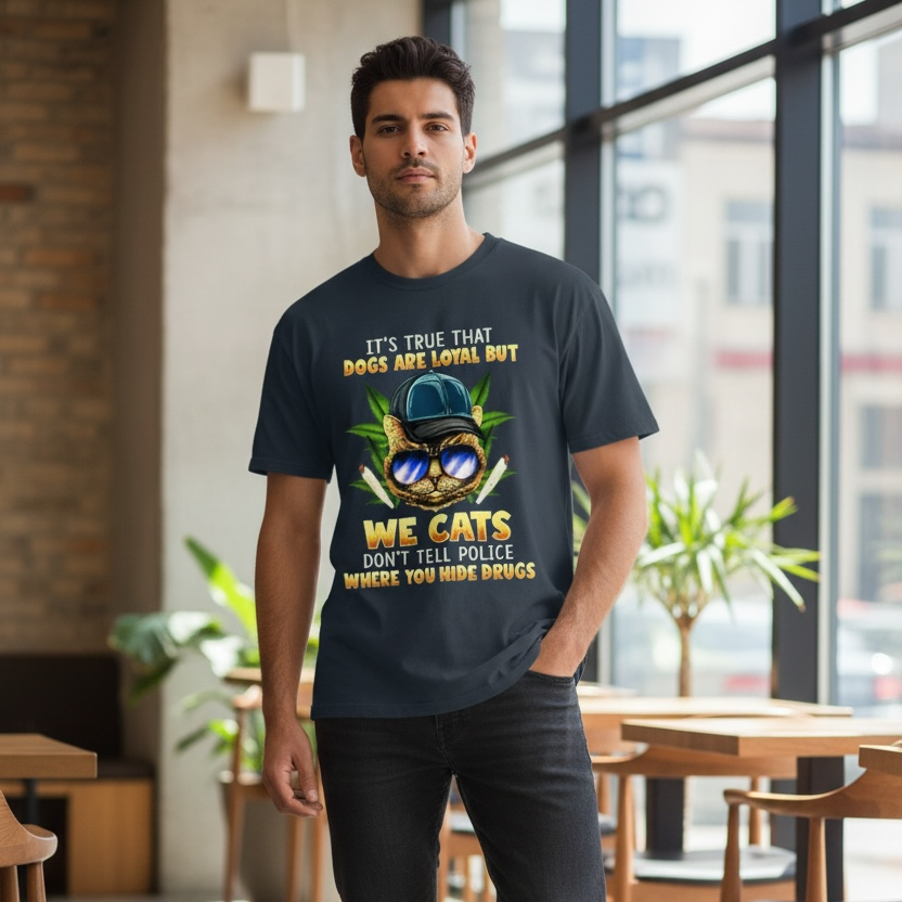 IT'S TRUE THAT DOGS ARE LOYAL BUT WE CATS DON' TELL THE POLICE WHERE YOU HIDE THE DRUGS FULL COLOR (420)- T-Shirt