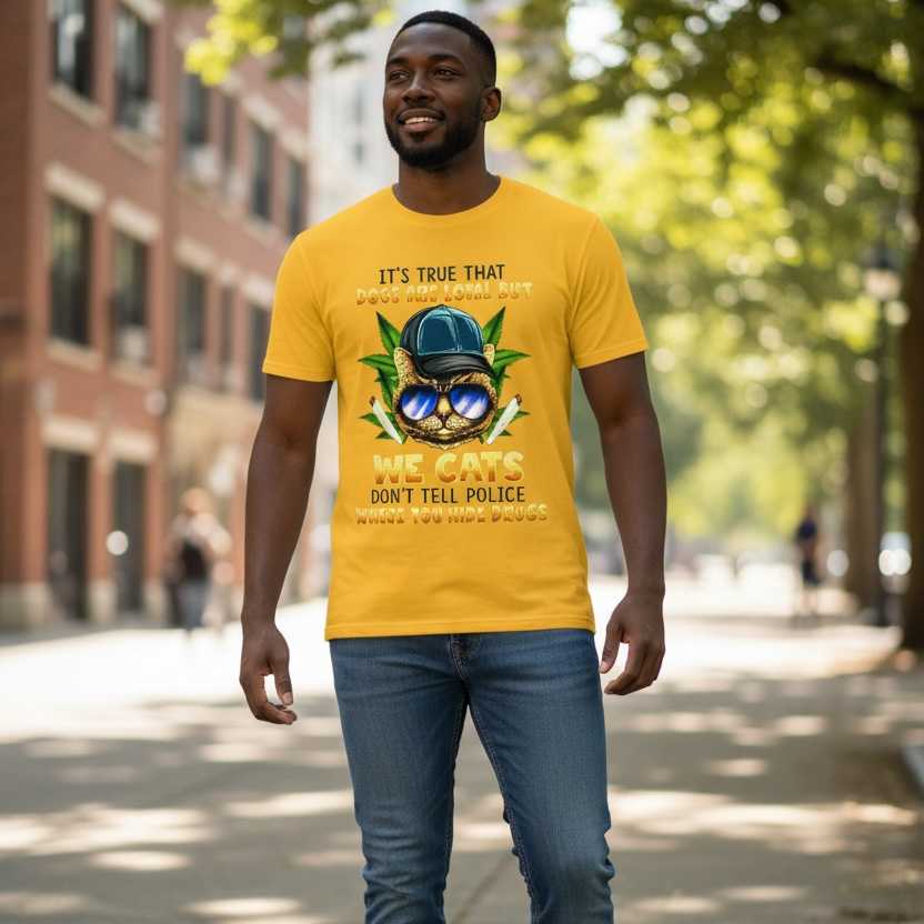 IT'S TRUE THAT DOGS ARE LOYAL BUT WE CATS DON' TELL THE POLICE WHERE YOU HIDE THE DRUGS FULL COLOR (420)- T-Shirt