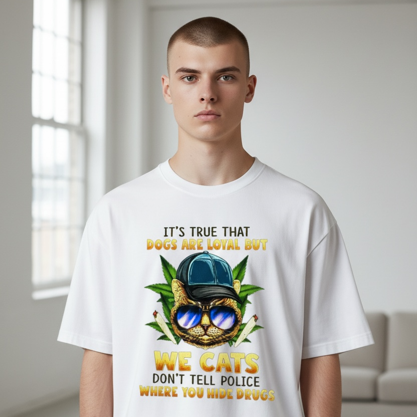 IT'S TRUE THAT DOGS ARE LOYAL BUT WE CATS DON' TELL THE POLICE WHERE YOU HIDE THE DRUGS FULL COLOR (420)- T-Shirt
