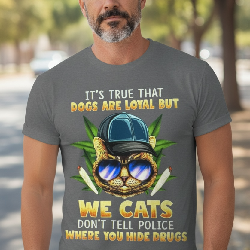 IT'S TRUE THAT DOGS ARE LOYAL BUT WE CATS DON' TELL THE POLICE WHERE YOU HIDE THE DRUGS FULL COLOR (420)- T-Shirt