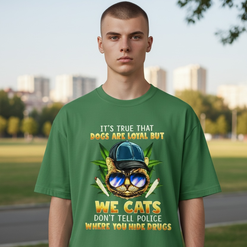 IT'S TRUE THAT DOGS ARE LOYAL BUT WE CATS DON' TELL THE POLICE WHERE YOU HIDE THE DRUGS FULL COLOR (420)- T-Shirt